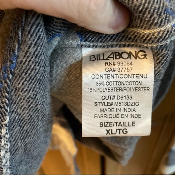 Billabong Flannel Button Up Hoodie Shirt Mens XL 22.5x30 Striped Surf Skate - Picture 4 of 10